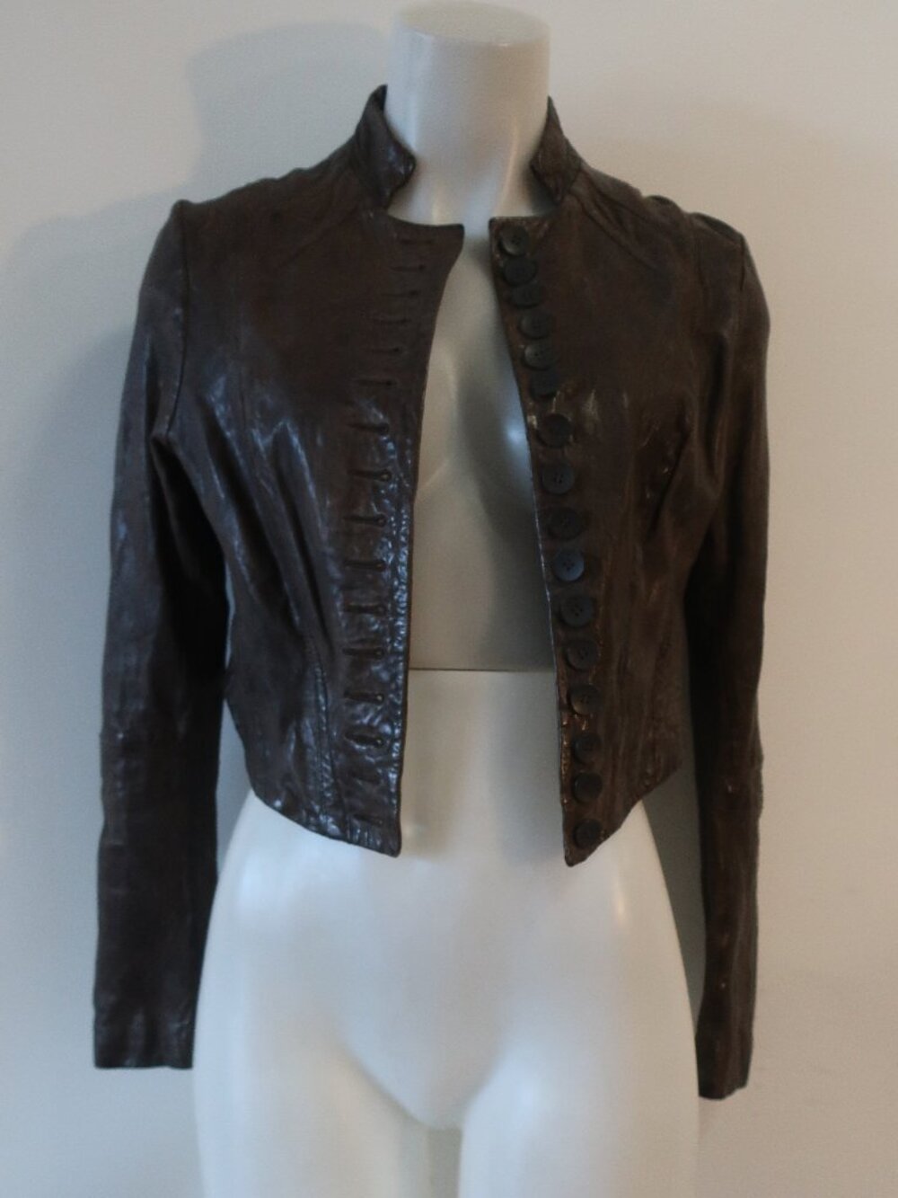 Womens All Saints Brown (Item- 314) Cropped Bomber Leather Lelex Moto Jacket 12 - Picture 5 of 15
